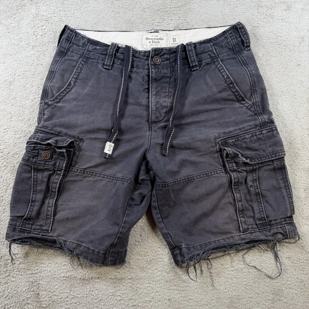 Abercrombie & Fitch Shorts Mens 31 Black Faded Cargo Drawstring Distressed Y2K